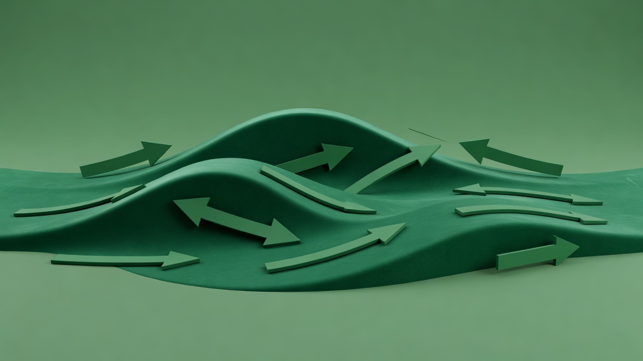 Illustrative three-dimensional swell-direction model with curved green wave forms and simple directional arrows