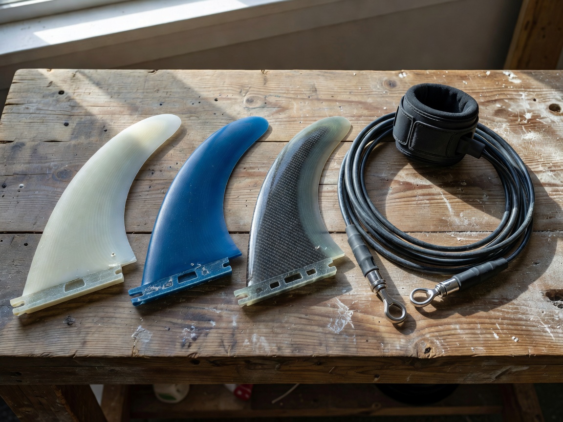 Illustrative surf fins and a leash assembly arranged for an equipment inspection