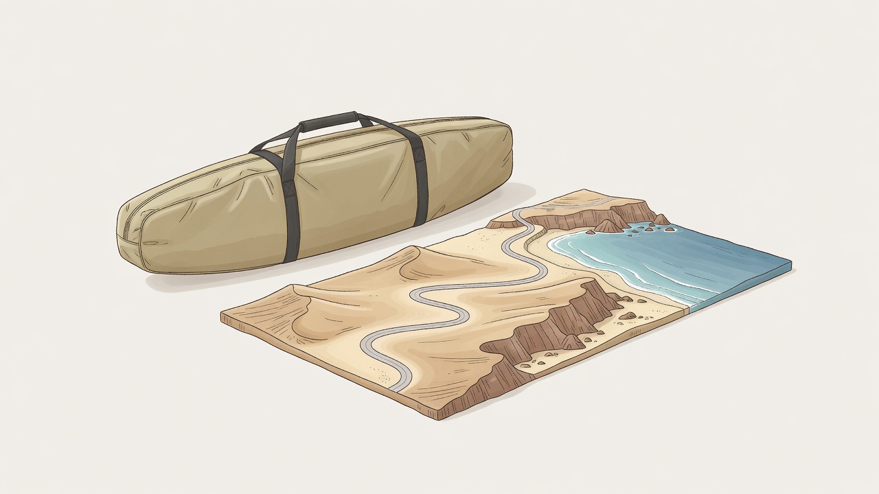 Illustrative surfboard travel bag beside a simplified coastal route model on a pale background