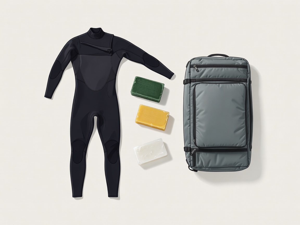 Illustrative wetsuit, wax blocks and folded surfboard travel bag on a pale studio background